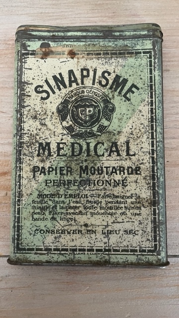 Ancienne boite en tôle lithographiée - Sinapisme médical - feuilles de papier moutarde -