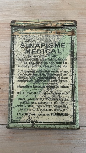 Ancienne boite en tôle lithographiée - Sinapisme médical - feuilles de papier moutarde -