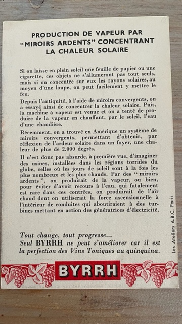 Ancienne publicité Byrrh - 24 regards sur l'avenir - N°19. Production de vapeur par "miroirs ardents"