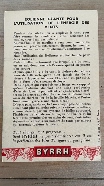 ancienne publicité Byrrh - 24 regards sur l'avenir - N°24. Eolienne géante pour l'utilisation de l'énergie des vents