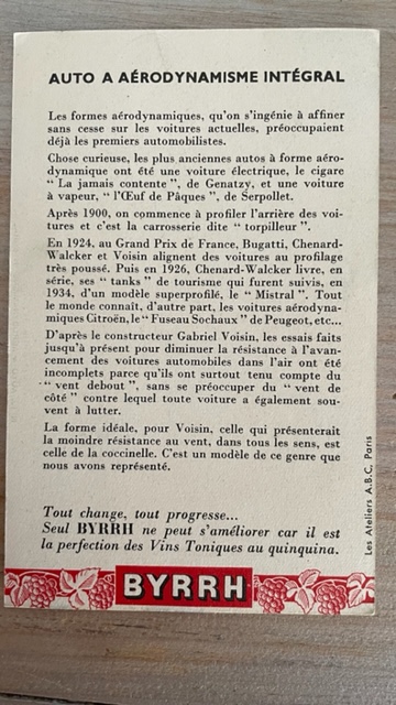 Ancienne publicité Byrrh - 24 regards sur l'avenir - N° 10. auto à aérodynamisme intégral