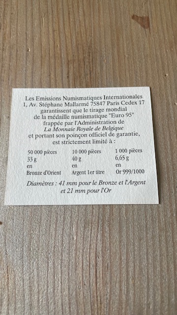 Belgique - Médaille Europa Essai n°1 - 1995 - Bronze - Certificat de garantie -